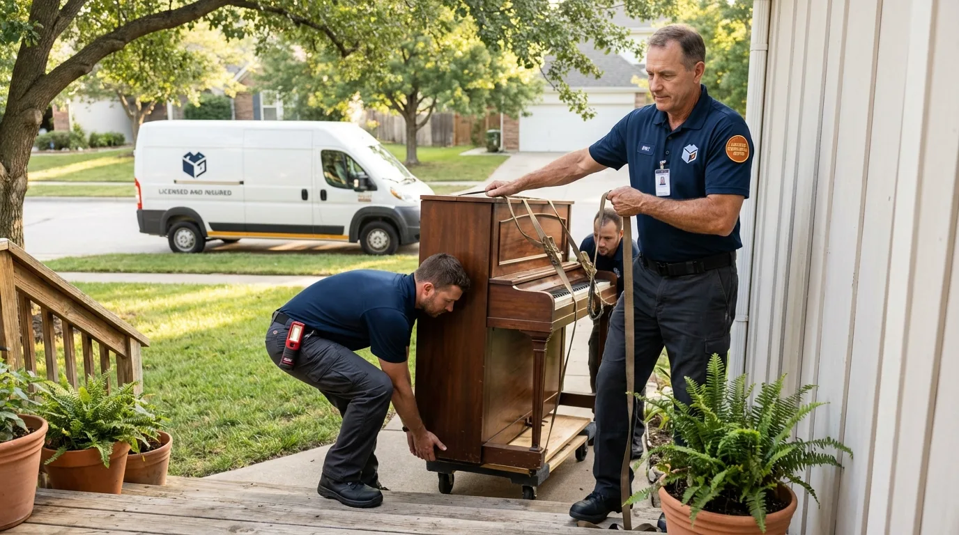Licensed piano movers securing grand piano in Weare, NH