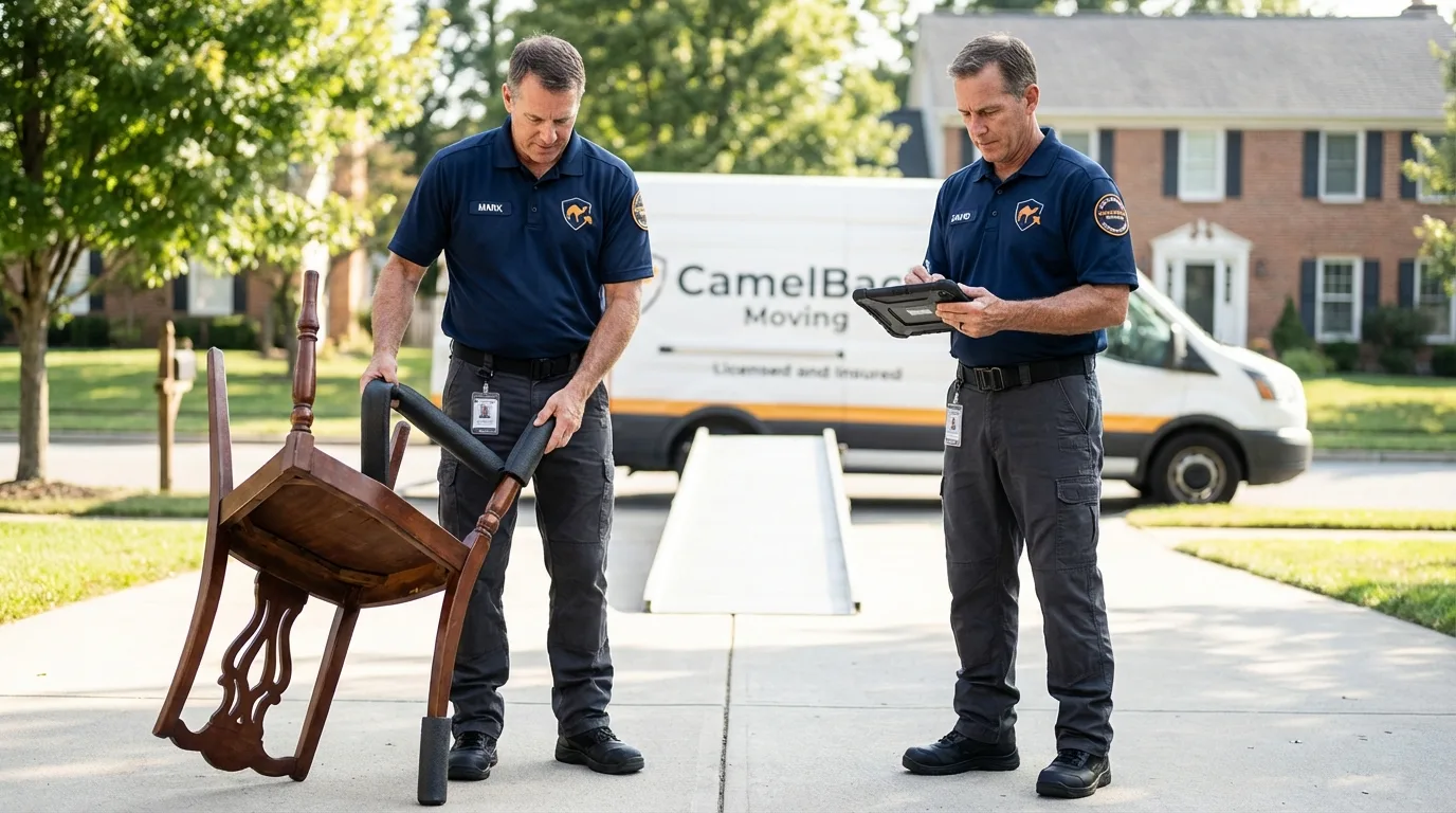 Movers inspecting furniture for damage prevention before loading in Weare, NH