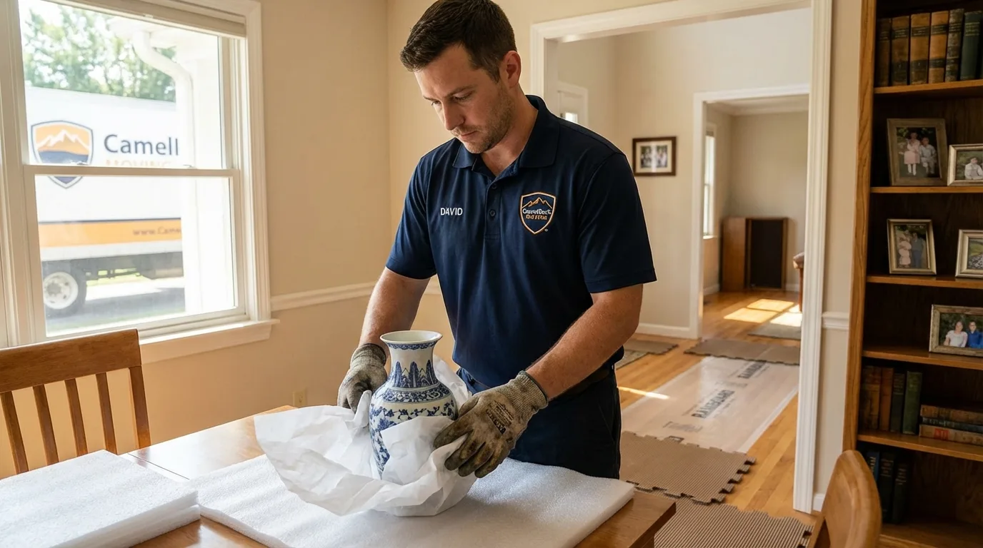 Professional crew carefully wrapping antique vase for senior downsizing move in Weare, NH