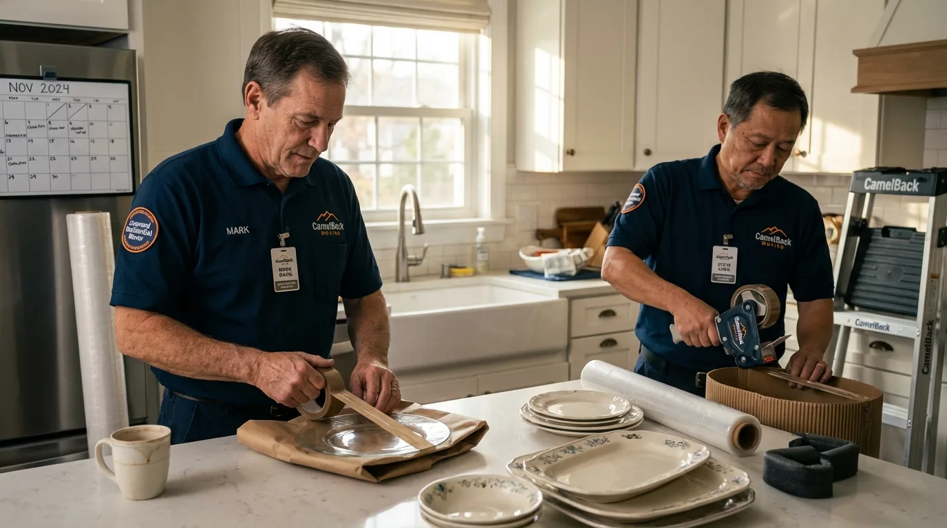 Professional crew packing kitchen dishware in Weare, NH
